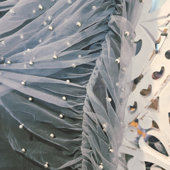 ZARA STRAPPLES TULLE/PEARLS GREY MIDI DRESS WOMENS SIZE LARGE - Picture 8 of 16